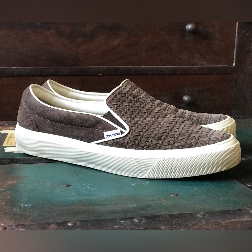 TOM FORD Cambridge Leather Trimmed Woven Suede Slip-On Sneakers size 9